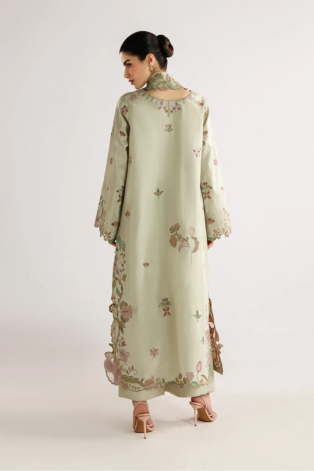 Ivory silk formal suit with laser‑cut organza detailing – view 2 – Poshaq