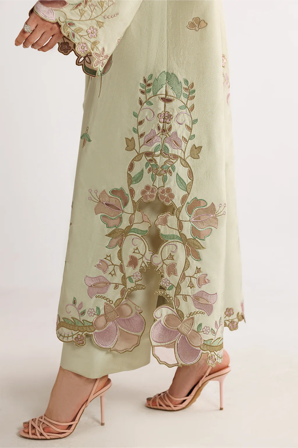 Ivory silk formal suit with laser‑cut organza detailing – view 3 – Poshaq