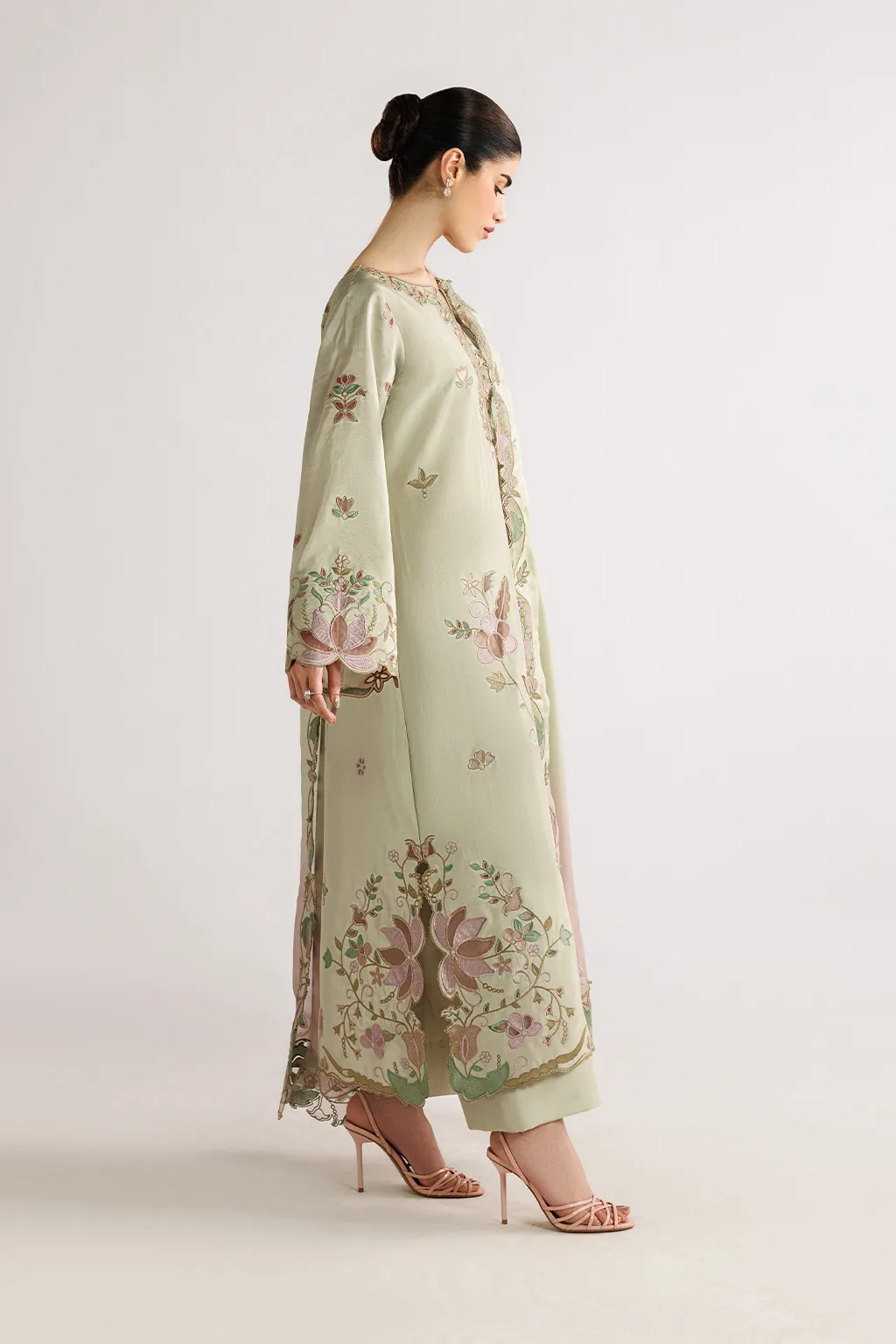 Ivory silk formal suit with laser‑cut organza detailing – view 4 – Poshaq