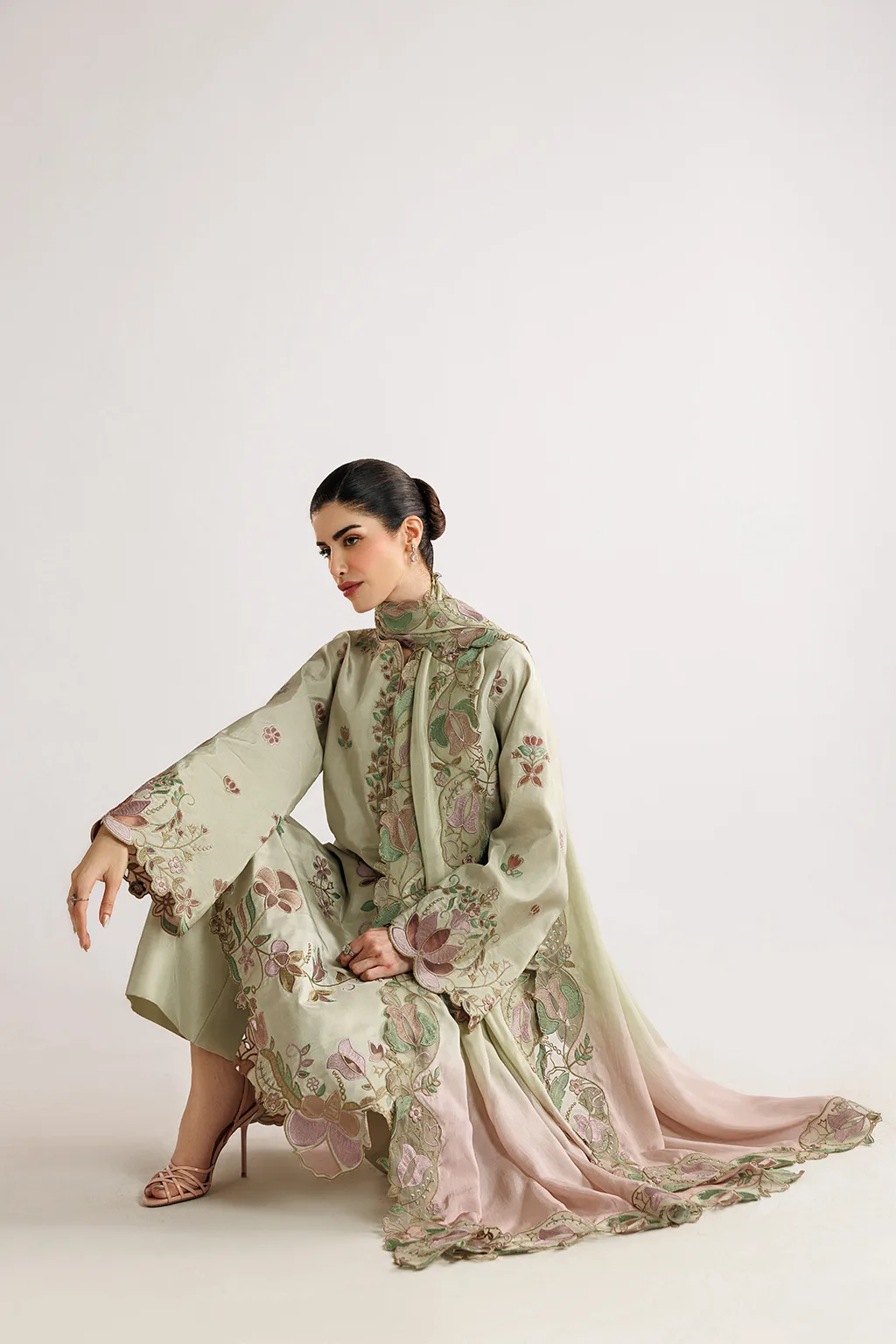 Ivory silk formal suit with laser‑cut organza detailing – view 5 – Poshaq