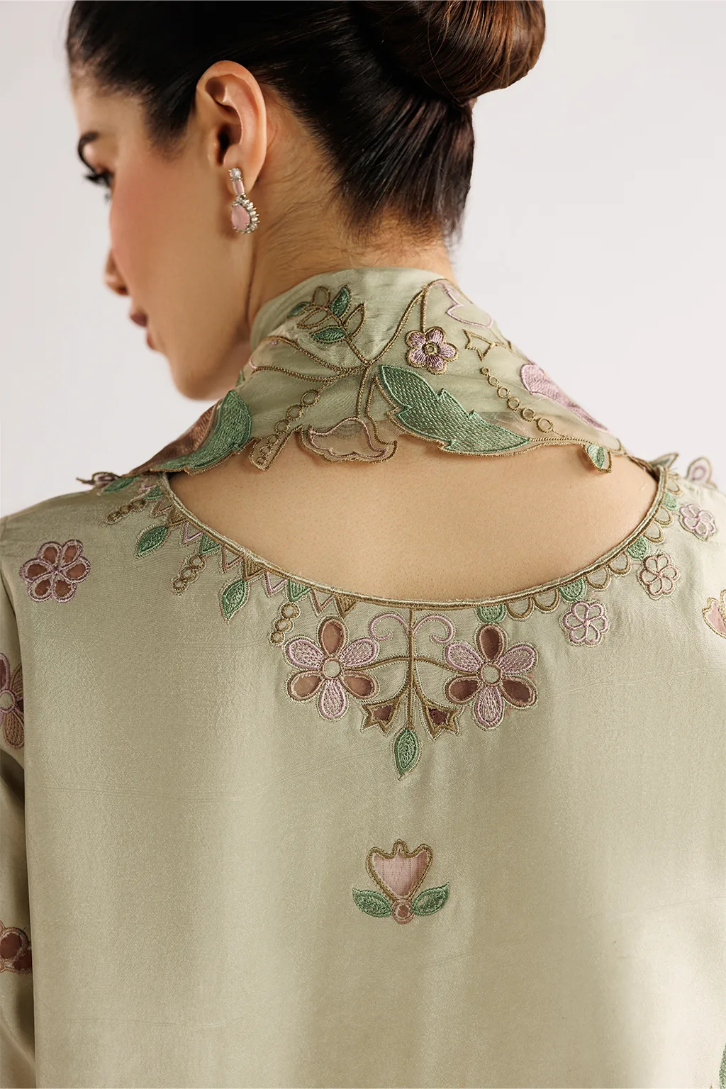Ivory silk formal suit with laser‑cut organza detailing – view 6 – Poshaq