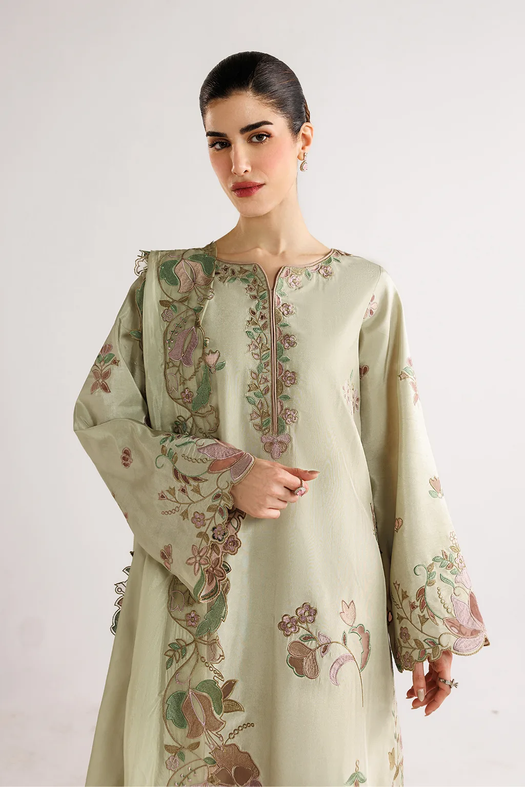 Ivory silk formal suit with laser‑cut organza detailing – view 7 – Poshaq