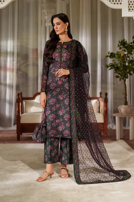 Black printed formal suit with raw silk and organza detailing – view 1 – Poshaq