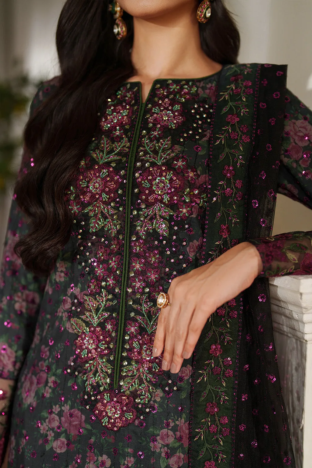Black printed formal suit with raw silk and organza detailing – view 2 – Poshaq