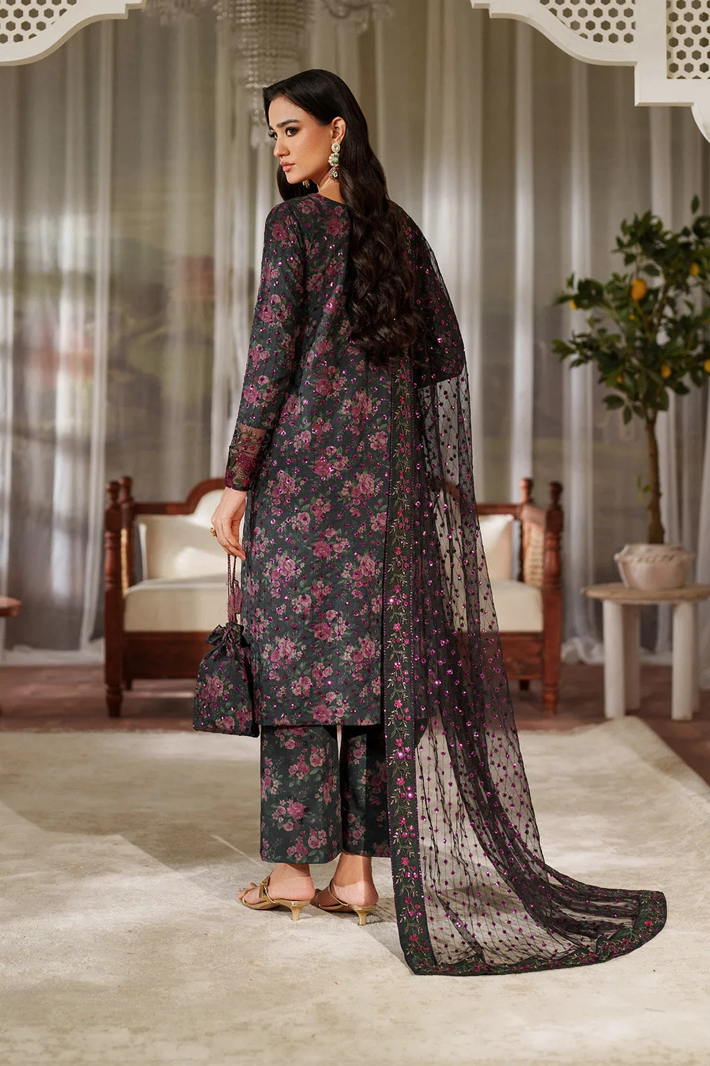 Black printed formal suit with raw silk and organza detailing – view 3 – Poshaq