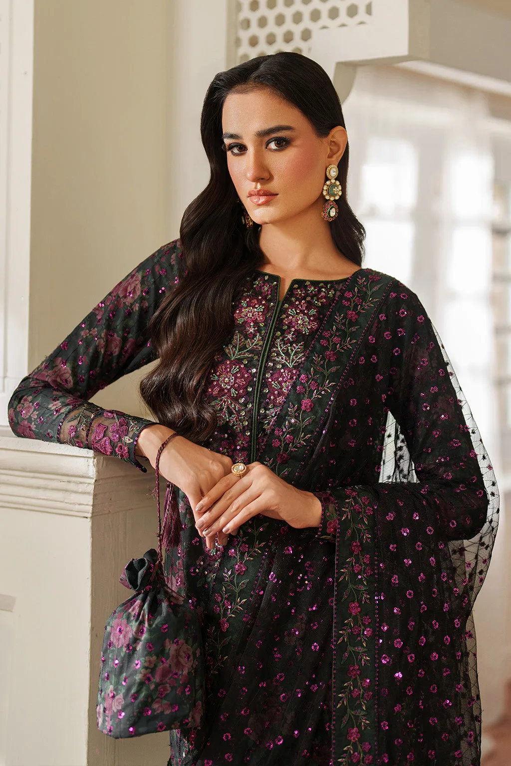 Black printed formal suit with raw silk and organza detailing – view 9 – Poshaq
