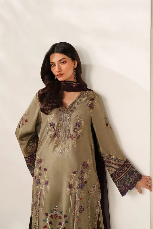 unstitched formal suit with embroidered ramen silk, organza and chiffon details – view 1 – Poshaq