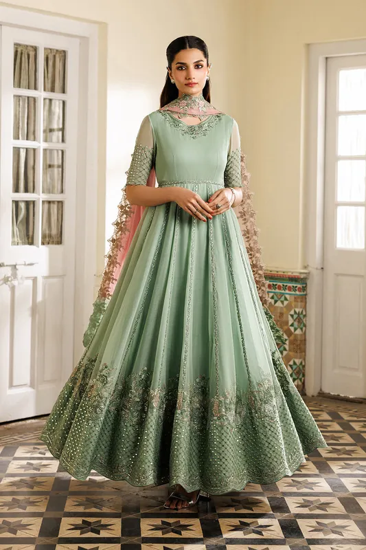Green chiffon dress with organza embroidery – view 1 – Poshaq