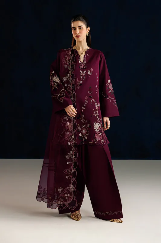 Unstitched formal silk and organza ensemble with subtle embroidery – view 1 – Poshaq