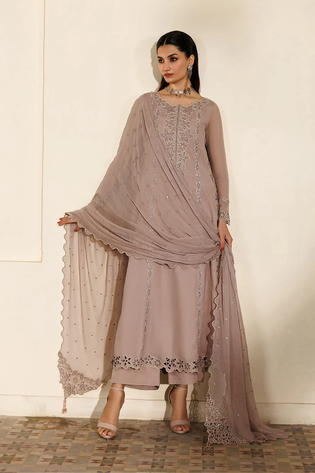 pink embroidered chiffon dress with organza lining – view 1 – Poshaq
