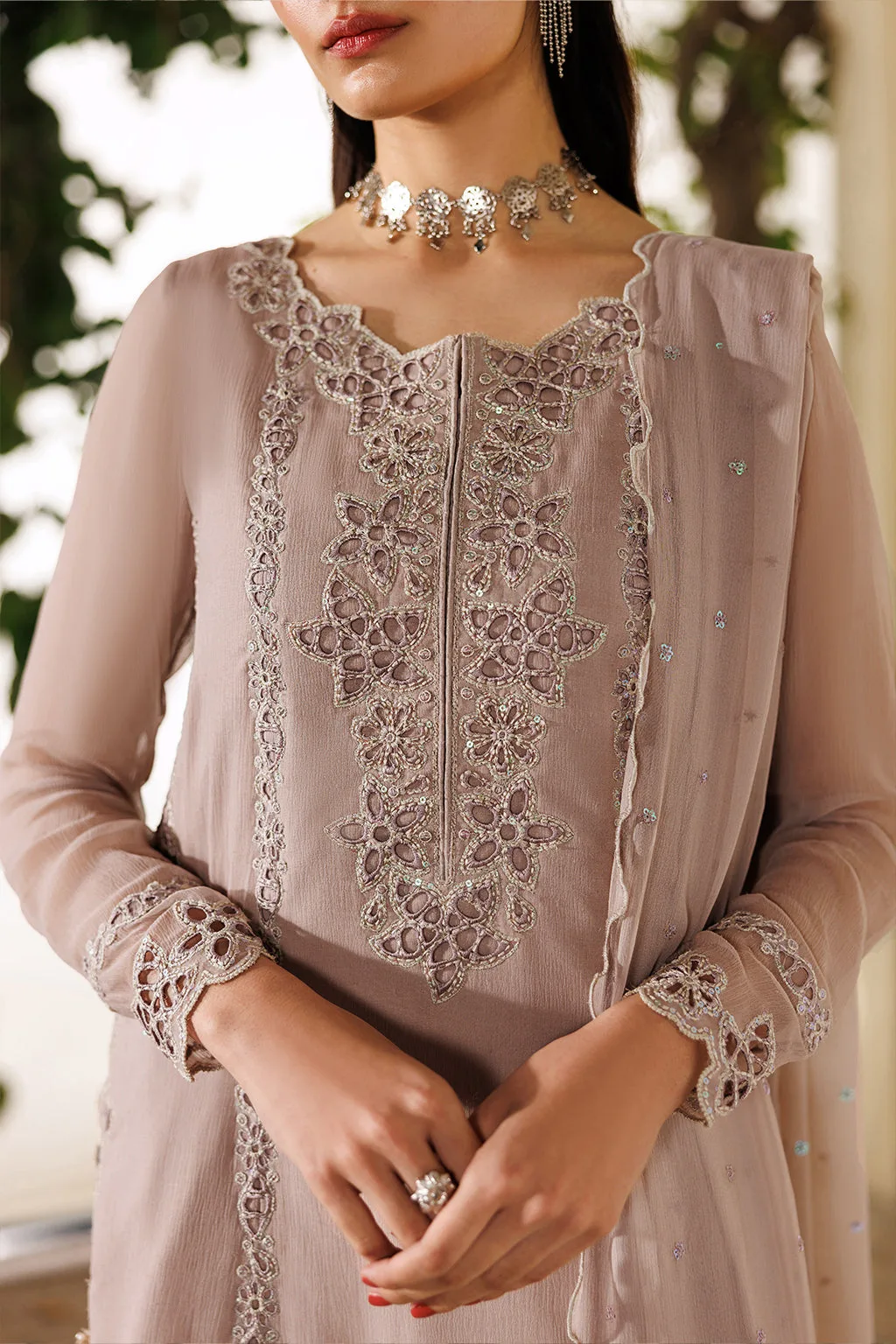 pink embroidered chiffon dress with organza lining – view 2 – Poshaq