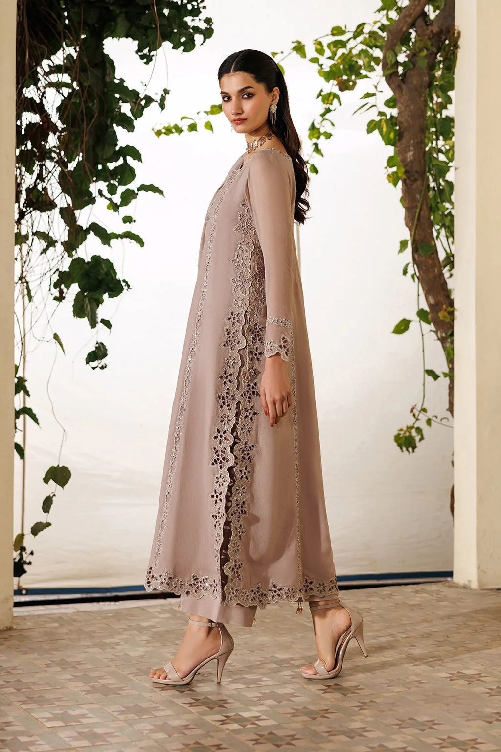 pink embroidered chiffon dress with organza lining – view 3 – Poshaq