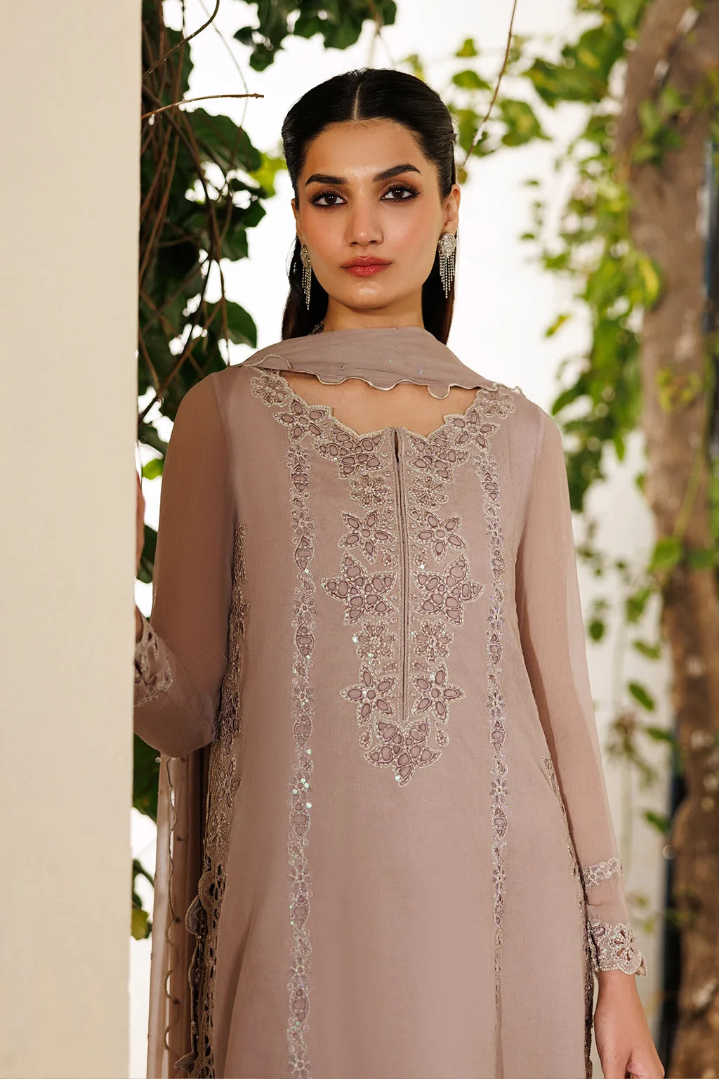 pink embroidered chiffon dress with organza lining – view 4 – Poshaq