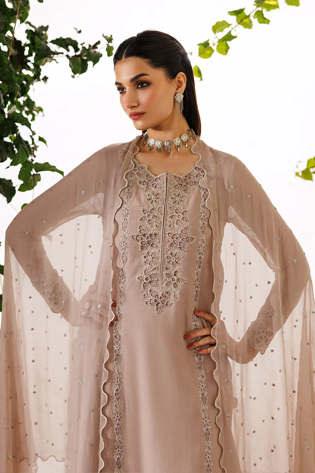 pink embroidered chiffon dress with organza lining – view 6 – Poshaq