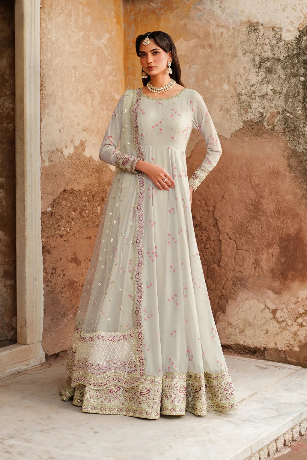 Unstitched printed chiffon dress with organza accents – view 1 – Poshaq