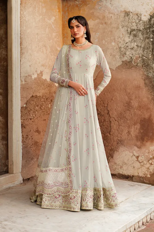 Unstitched printed chiffon dress with organza accents – view 1 – Poshaq