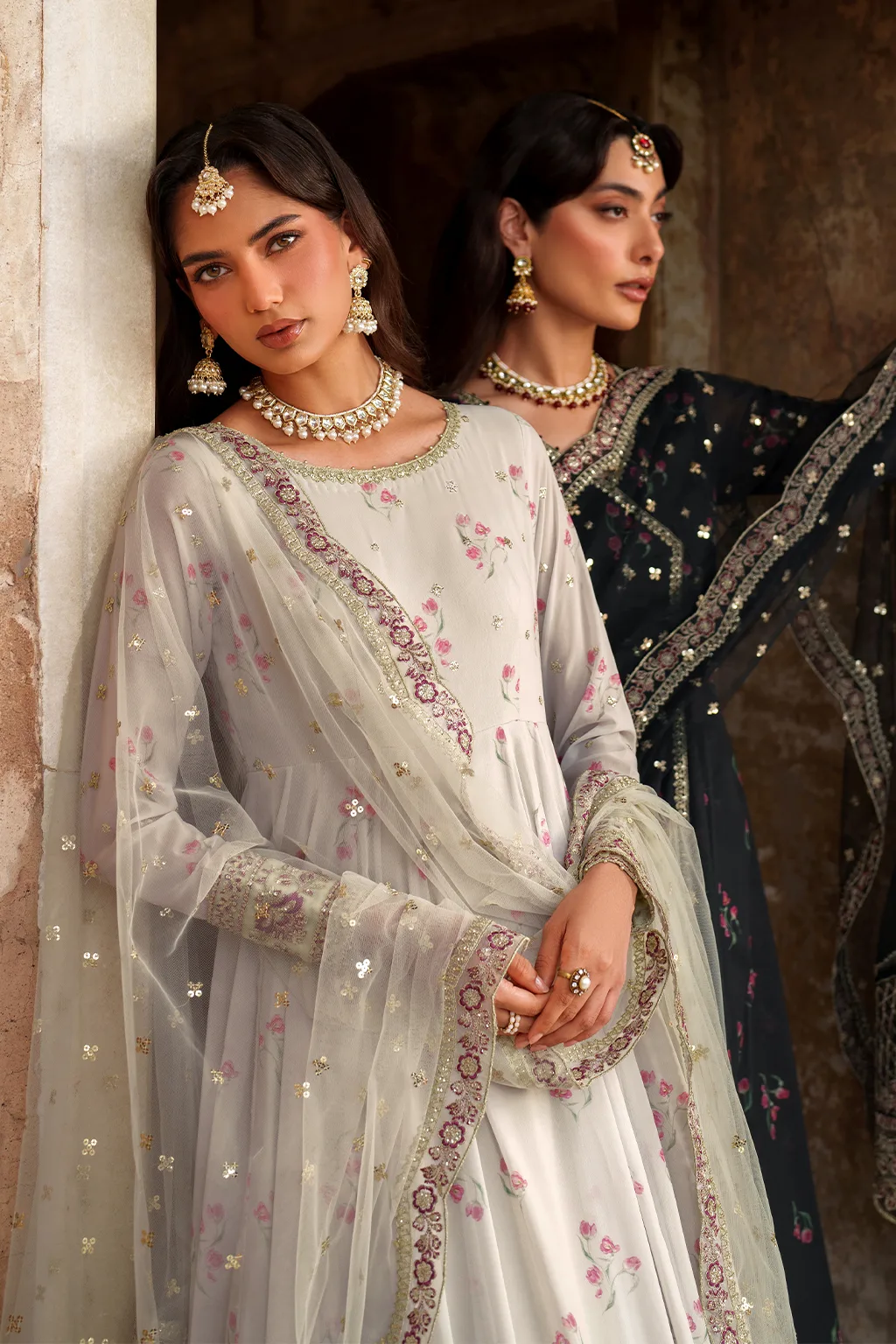 Unstitched printed chiffon dress with organza accents – view 11 – Poshaq