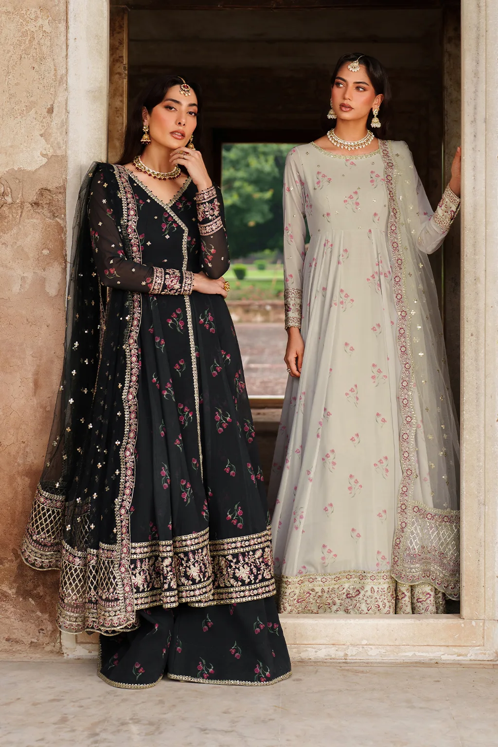 Unstitched printed chiffon dress with organza accents – view 13 – Poshaq