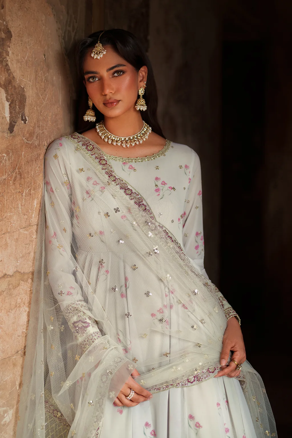 Unstitched printed chiffon dress with organza accents – view 2 – Poshaq