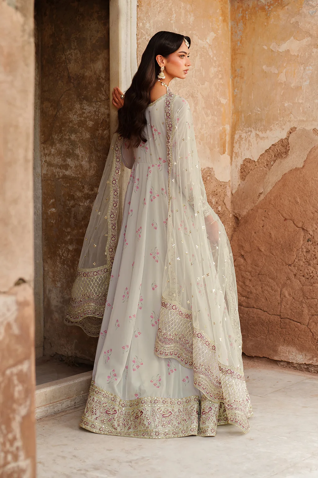 Unstitched printed chiffon dress with organza accents – view 3 – Poshaq