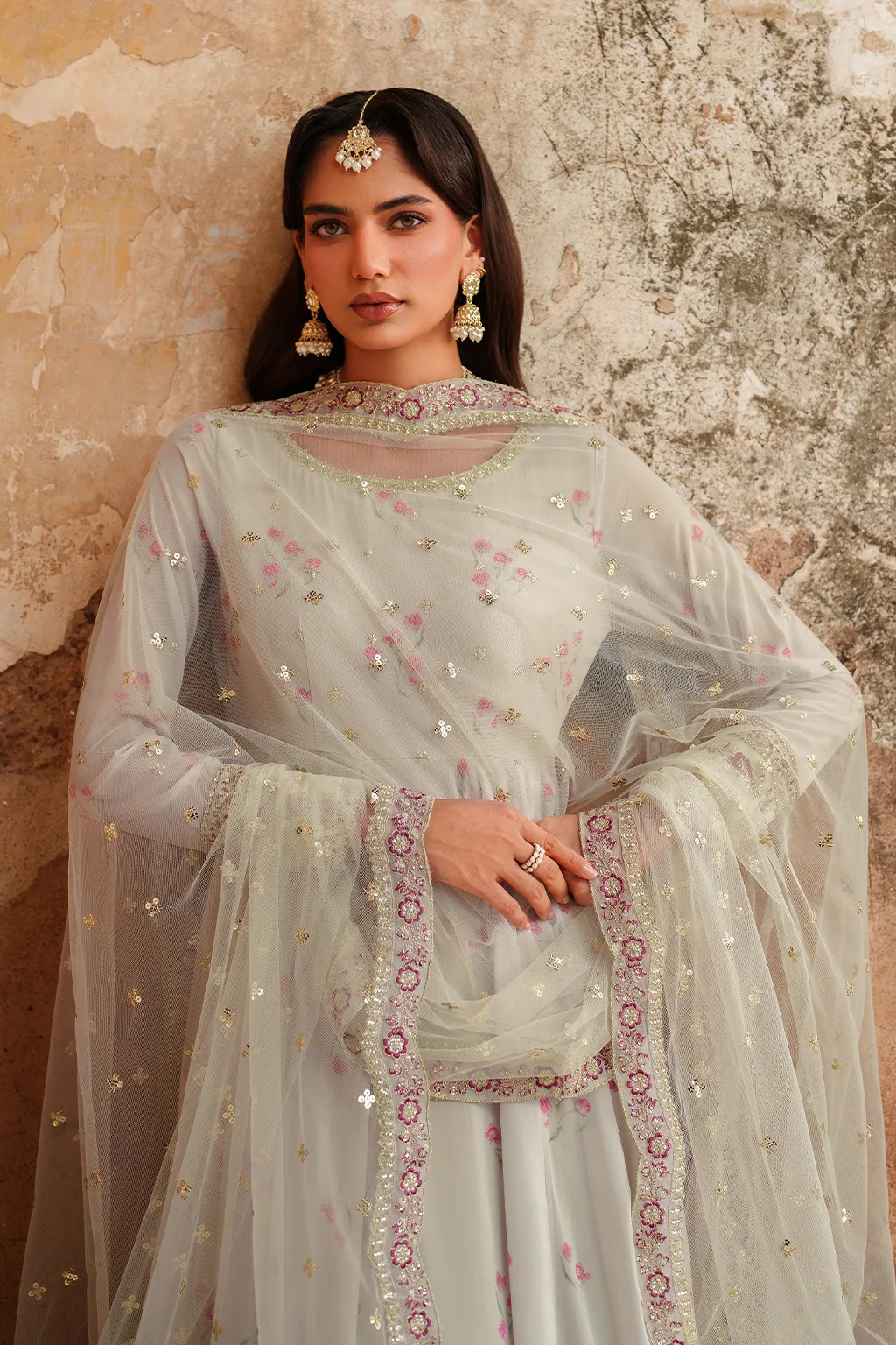 Unstitched printed chiffon dress with organza accents – view 5 – Poshaq