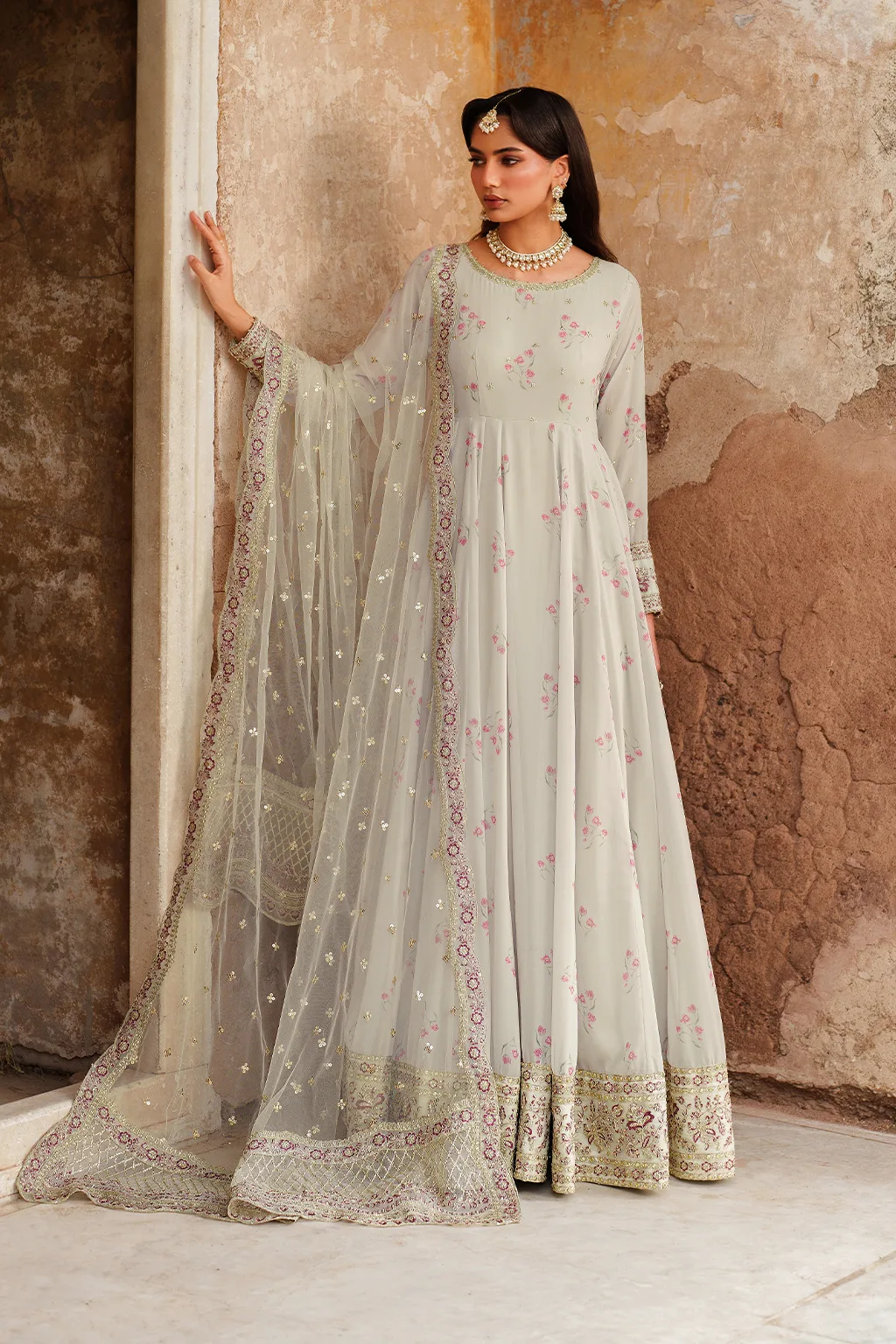 Unstitched printed chiffon dress with organza accents – view 6 – Poshaq