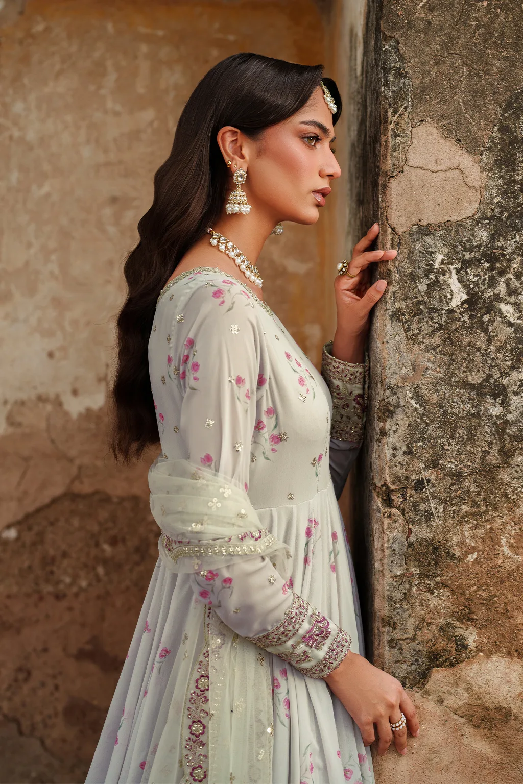 Unstitched printed chiffon dress with organza accents – view 7 – Poshaq