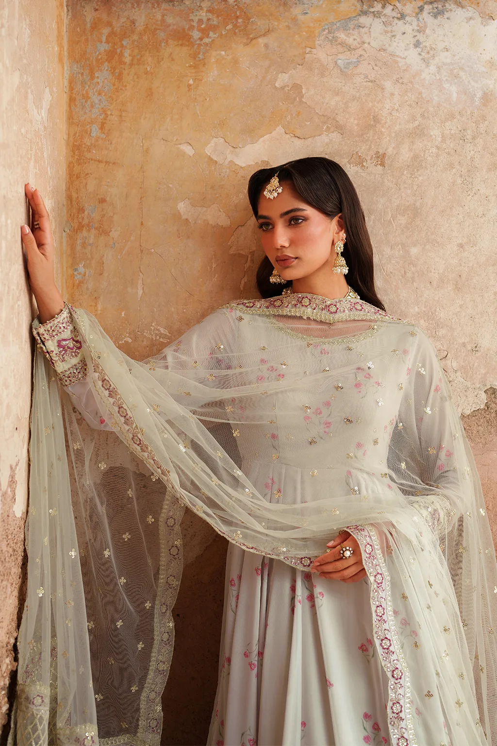 Unstitched printed chiffon dress with organza accents – view 8 – Poshaq