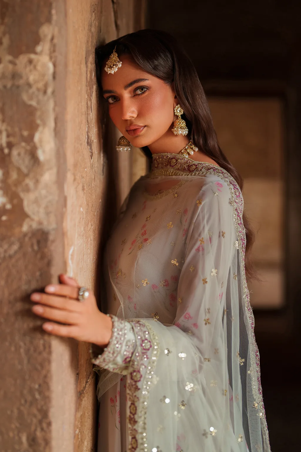 Unstitched printed chiffon dress with organza accents – view 9 – Poshaq