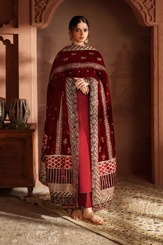 Maroon velvet and raw silk formal suit with embroidered shawl – view 1 – Poshaq