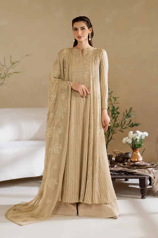 Unstitched chiffon frock with embroidered organza details – view 1 – Poshaq