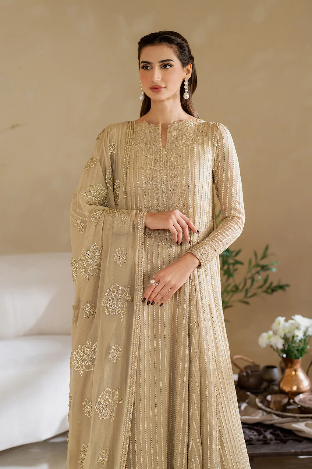 Unstitched chiffon frock with embroidered organza details – view 2 – Poshaq