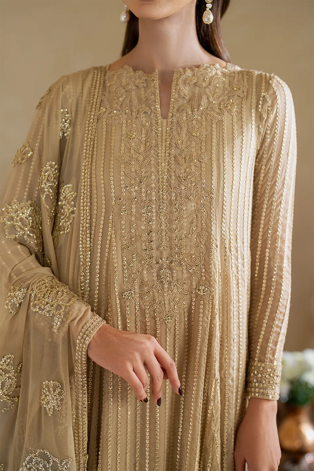 Unstitched chiffon frock with embroidered organza details – view 3 – Poshaq