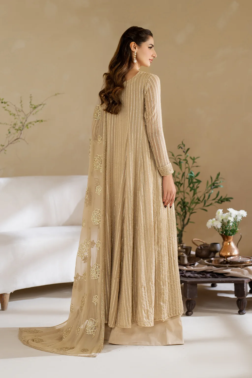 Unstitched chiffon frock with embroidered organza details – view 4 – Poshaq