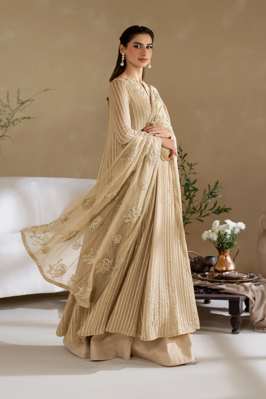 Unstitched chiffon frock with embroidered organza details – view 6 – Poshaq
