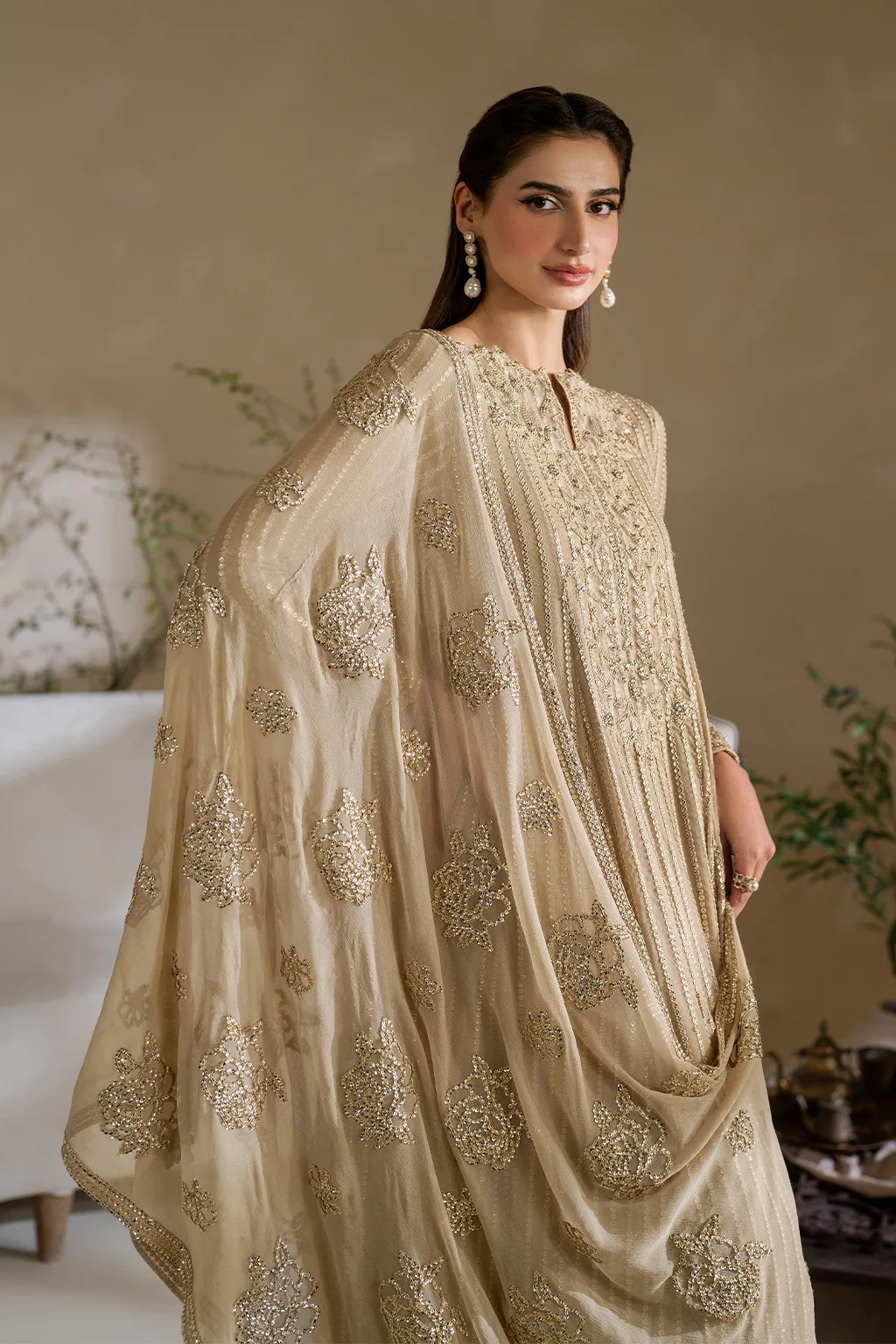 Unstitched chiffon frock with embroidered organza details – view 7 – Poshaq
