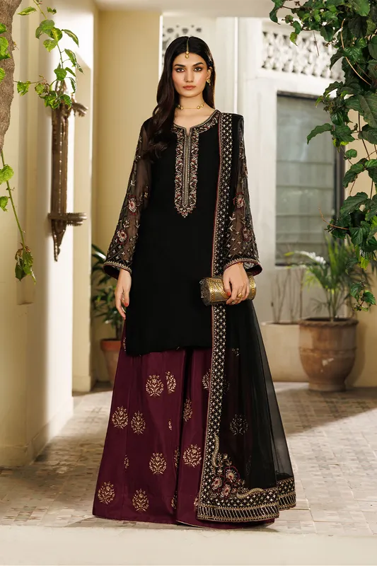 black unstitched formal ensemble with chiffon shirt, dupatta and raw silk trousers – view 1 – Poshaq