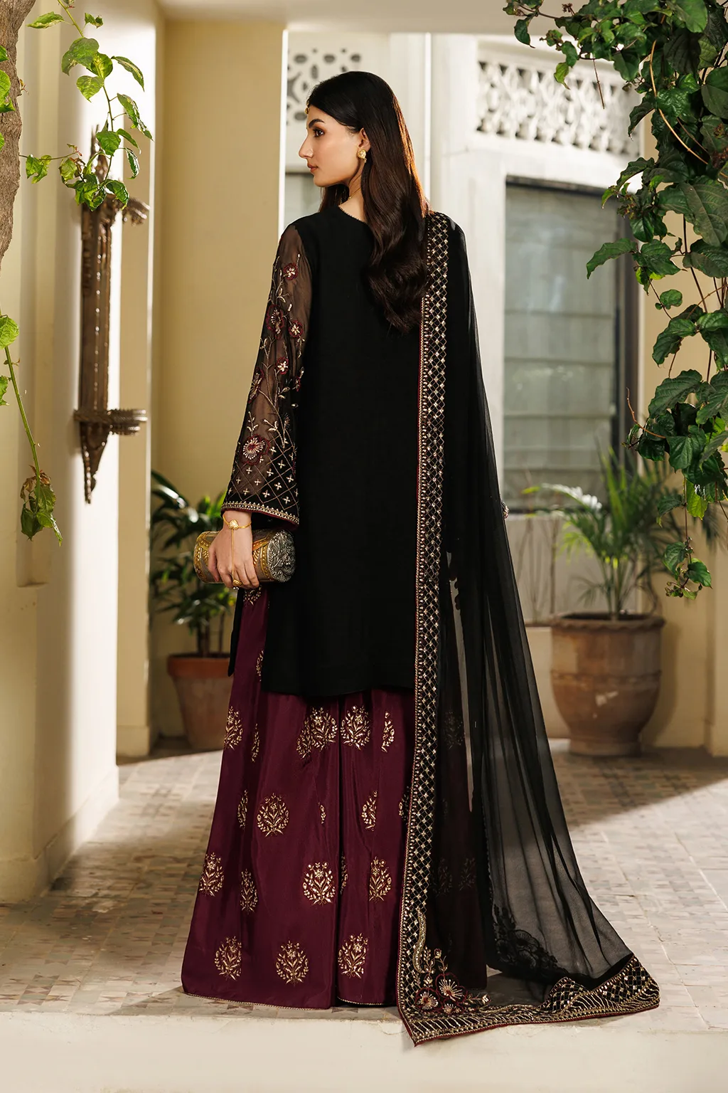 black unstitched formal ensemble with chiffon shirt, dupatta and raw silk trousers – view 2 – Poshaq