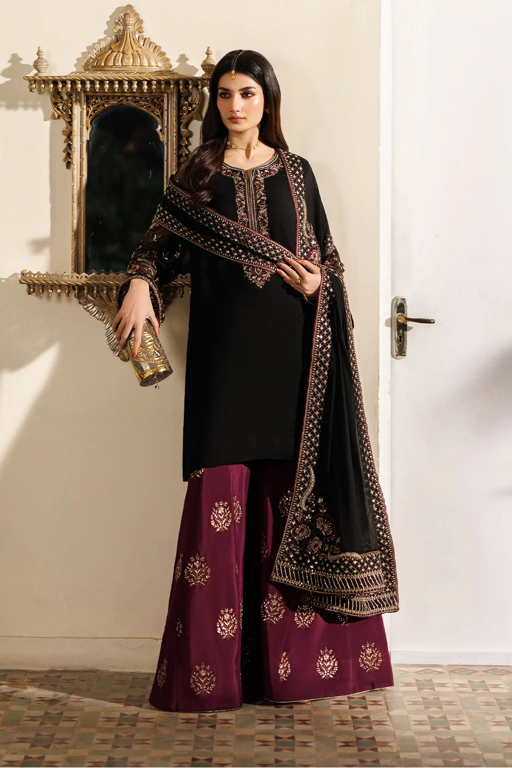 black unstitched formal ensemble with chiffon shirt, dupatta and raw silk trousers – view 3 – Poshaq