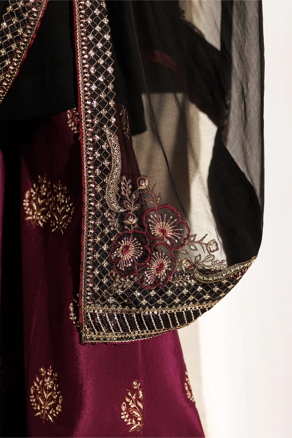 black unstitched formal ensemble with chiffon shirt, dupatta and raw silk trousers – view 4 – Poshaq