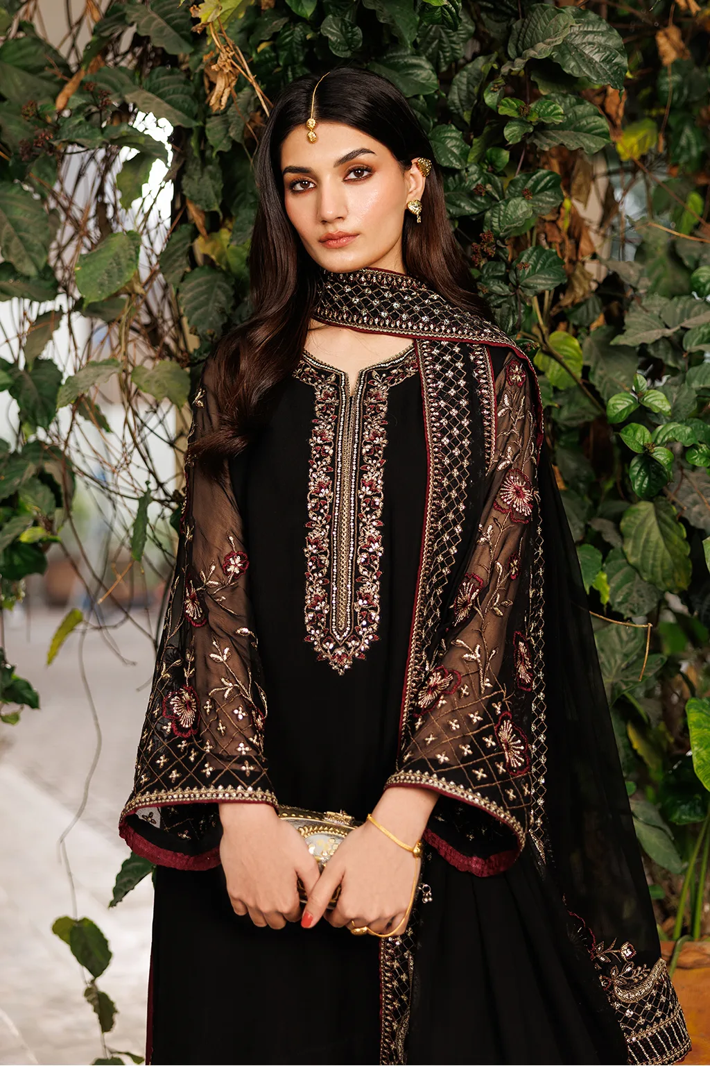 black unstitched formal ensemble with chiffon shirt, dupatta and raw silk trousers – view 5 – Poshaq