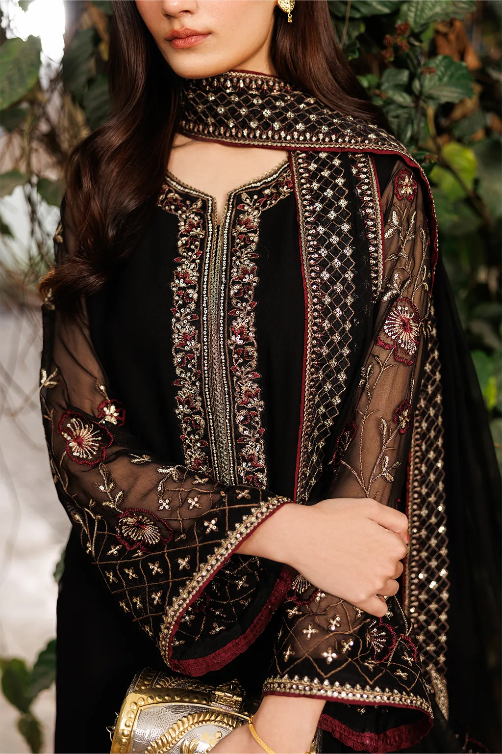 black unstitched formal ensemble with chiffon shirt, dupatta and raw silk trousers – view 6 – Poshaq