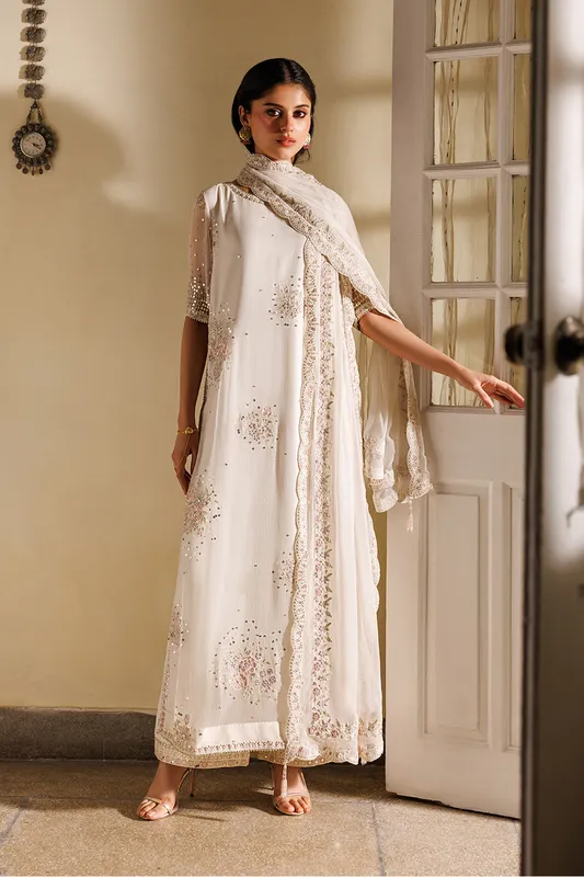 white embroidered chiffon dress with lace detailing – view 1 – Poshaq