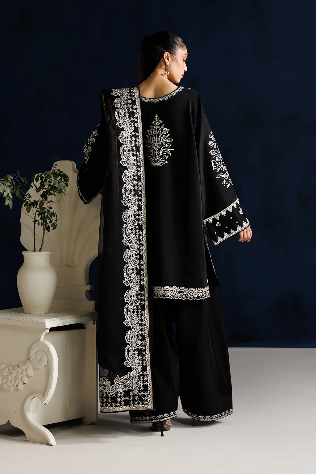 Black unstitched silk and organza dress with subtle detailing – view 3 – Poshaq