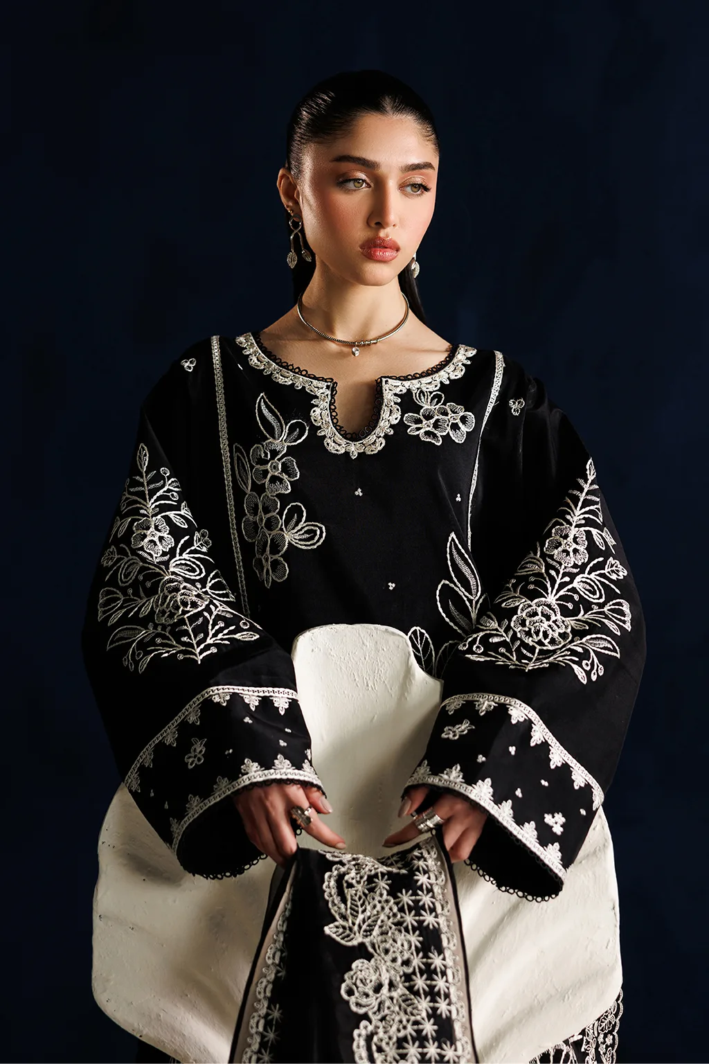 Black unstitched silk and organza dress with subtle detailing – view 4 – Poshaq