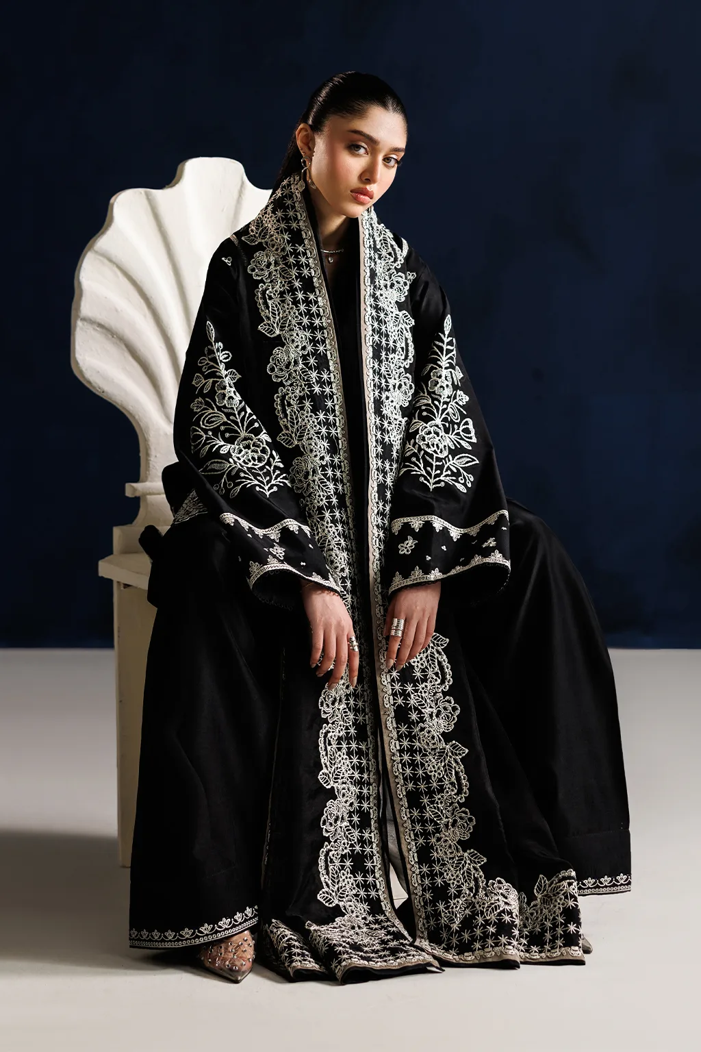 Black unstitched silk and organza dress with subtle detailing – view 5 – Poshaq