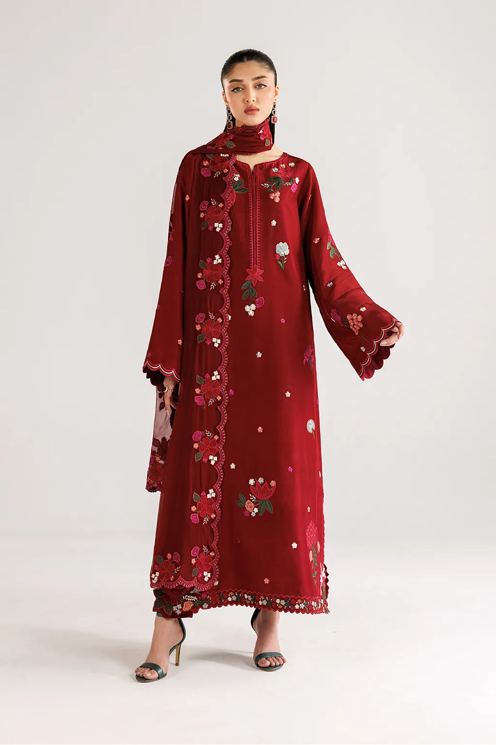 Red unstitched formal set with silk shirt, organza sleeves and chiffon dupatta – view 1 – Poshaq