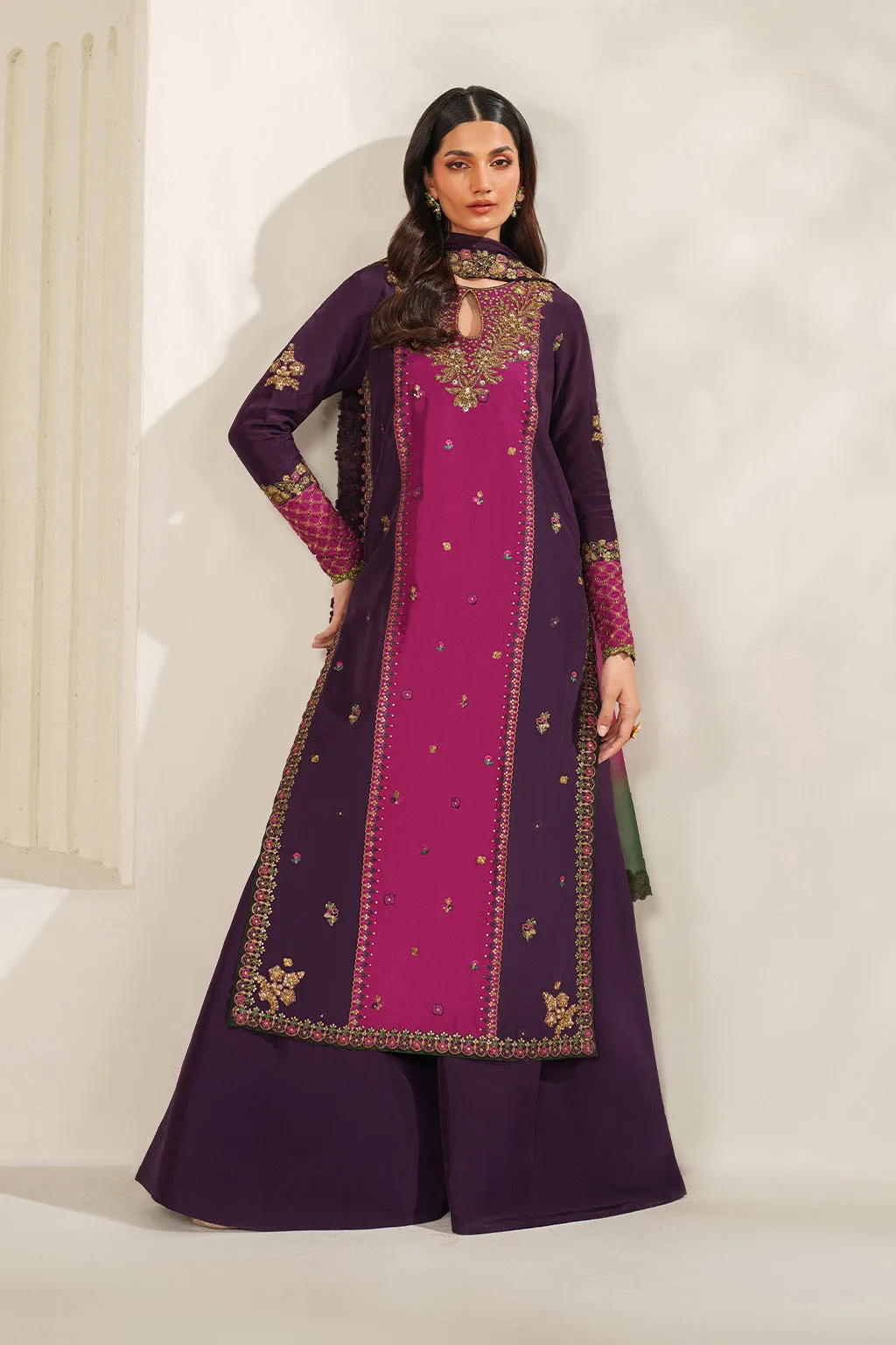 Embroidered formal three‑piece suit in silk, organza and chiffon – view 1 – Poshaq