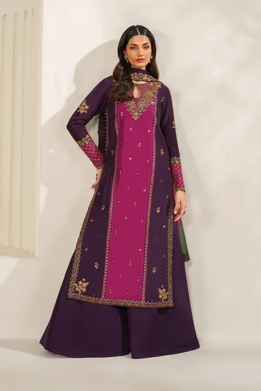 Embroidered formal three‑piece suit in silk, organza and chiffon – view 1 – Poshaq