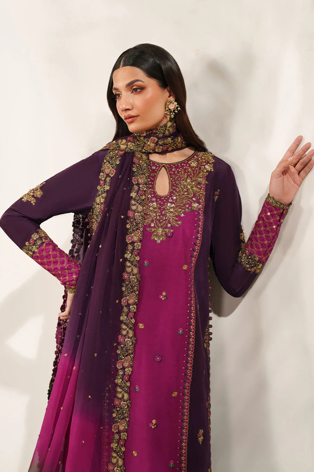 Embroidered formal three‑piece suit in silk, organza and chiffon – view 10 – Poshaq